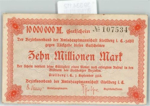 Stollberg Notgeld Gutschein Zehn Millionen Mark