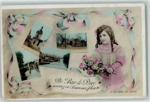 Bar-le-Duc 1909 Mädchen Blumen Rosen Schleife Band Brücke Boot Turm