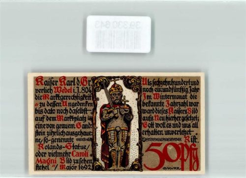 Wedel Notgeld 50 Pfennig Wappen Kaiser Krone Schwert Rot Weis 1921