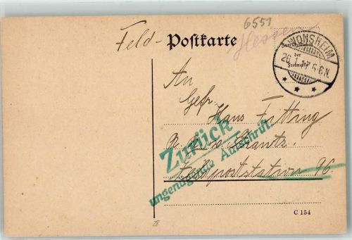 Wonsheim 1917 Stempel Zurück ungenügende Aufschrift