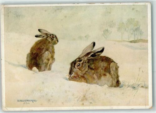 Neujahr Hasen im Schnee Verlag Ackermann Reihe 442 Nr.4292 sign. A.Meckel