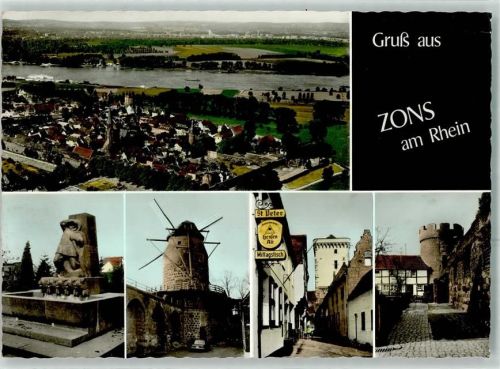 Zons Windmühle Stadtmühle Schweinebrunnen Krötschenturm Werbestempel Rheinbahn Fahrgastschiff MS Stadt Düsseldorf