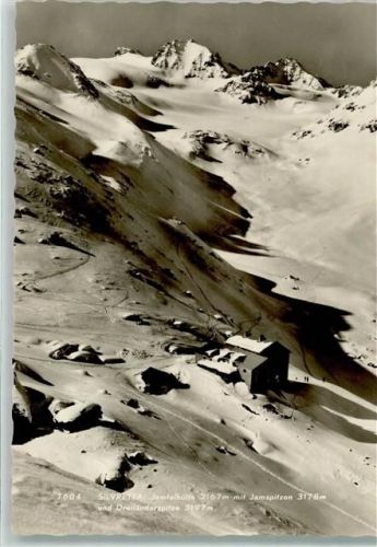 Jamtalhütte Silvretta 2167 m Jamspitzen 3178 m Dreiländerspitze 3197 m Schnee Winter Hüttenstempel nur Scan beschnitten