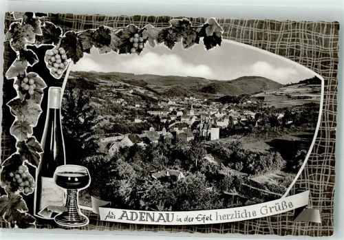 Adenau Fotomontage mit Reben Weinflasche und Römer Ortsansicht