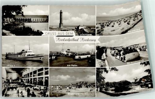 Norderney Kurhaus Leuchtturm Nordstrand Frisia II Hafen Strandexpress Wellenschwimmbad Weststrand Napoleonschanze Windmühle Auto Gruss Nordseeheilbad