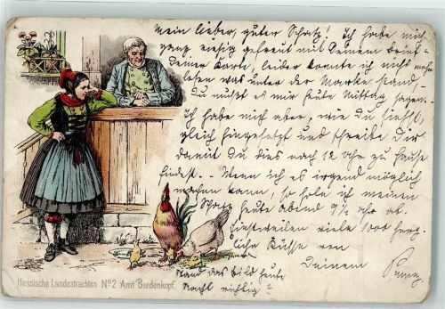 Biedenkopf Lithographie Hessische Landestrachten Hühner