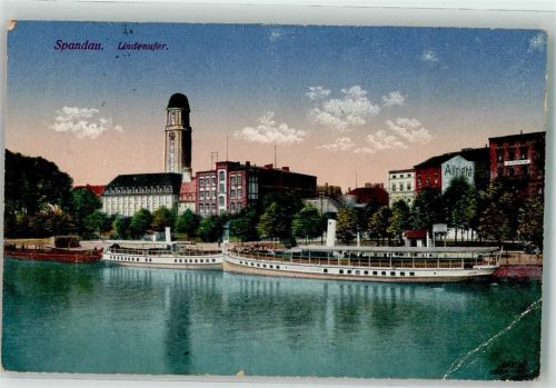 Spandau 1916 Lindenufer mit Turm des Rathauses Fahrgastschiffe