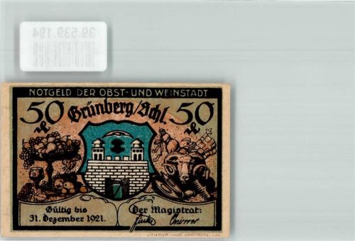 Grünberg 1921 Kath. Kirche Notgeld 50 Pfennig