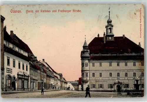 Oederan 1912 Bahnpost Dresden Reichenbach Zug 12 9.11.12 Markt Rathaus Gasthaus Ratskeller u. Freiberger Straße