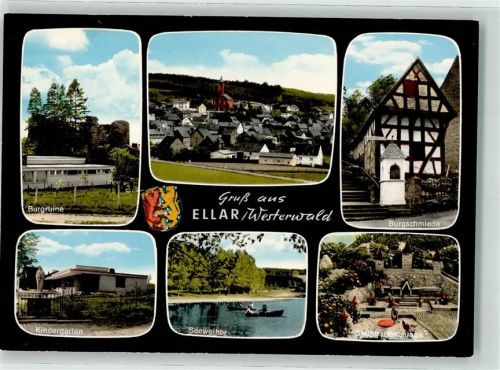 65620 W6251 Ellar , Kr Limburg a d Lahn Foto AK Burgruine Kirche Burgschmiede Kindergarten Seeweiher Steingartenanlage Zwerge Ruderboot Wappen Löwe Stückzahlkarte