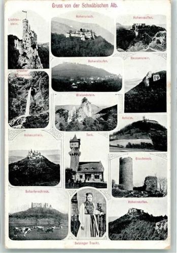 Teck 1907 Schwäbische Alb Lichtenstein Hohenurach Hohenneuffen Uracher Wasserfall Hohenstaufen Reussenstein Wielandstein Hohenzollern Scharfenschloss Betzinger Tracht Achalm Staufeneck