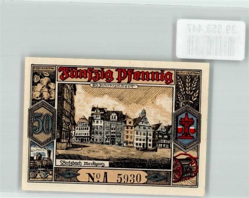 Butzbach Notgeldschein 50 Pfennig Marktplatz Lok 600 jähriges Stadtjubiläum 1321 - 1921 Landgraf Phillipp von Butzbach