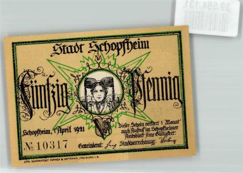 Schopfheim 1921 Schwarzwaldtracht 50 Pfennig Wappen Das Habermuß sign. J.P. Hebel