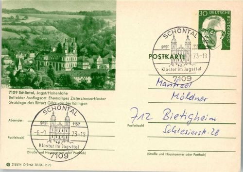 Schöntal 1973 Ehemaliges Zisterzienserkloster Grablege des Ritters Götz von Berlichingen Sonderstempel Kloster im Jagsttal