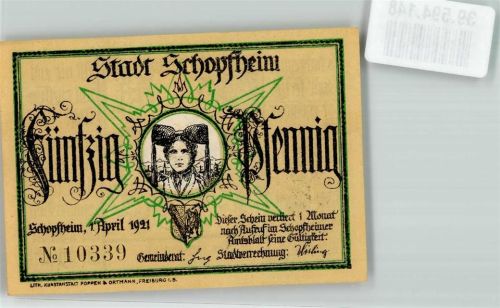 Schopfheim 1921 Schwarzwaldtracht 50 Pfennig Wappen Das Habermuß sign. J.P. Hebel