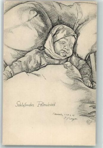 Schlafenes Polenkind sign. Berger, E. 1914 Batterie Wieck 1916 WK I