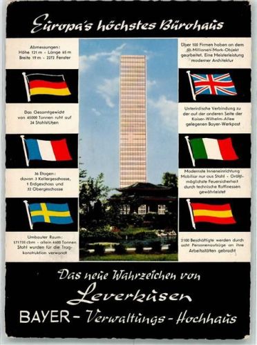 Leverkusen Europas höchstes Bürohaus Wahrzeichen Bayer Verwaltungs Hochhaus Japanischer Garten Fahnen