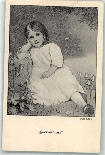 Mädchen auf einer Wiese inmitten Glockenblumen Verlag Girtanner Nr. 77 Illustration aus Lieder von Martha Wild Löwe, M. 1926 Künstlerkarte