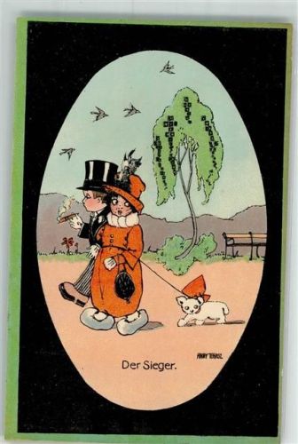 Der Sieger Eleganter Junge mit Gehrock Zylinder und Pfeife Arm in Arm mit Mädchen und Hund Kilophot Genrekarte 103 Tekauz, A. Künstlerkarte