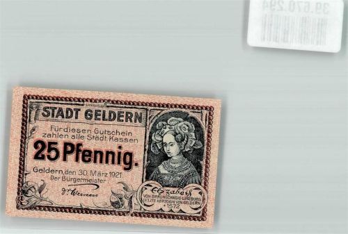 Geldern 25 Pfennig Gutschein Notgeld Elizabeth von Braunschweig Lüneburg Herzogin Wappen Löwe Blumen Türme