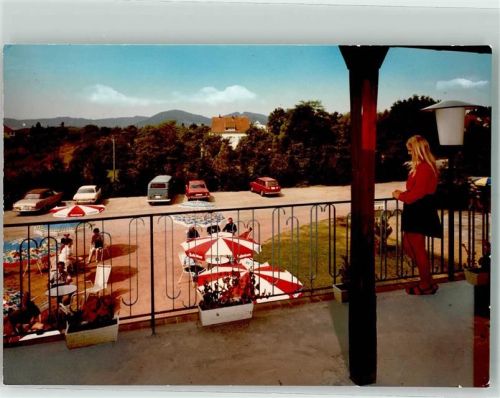 Nunkirchen Kurheim Terrasse Frau Parkplatz Auto Blumen Sonnenschirm Ort handschriftlich Foto Original aus Archiv eines Ansichtskartenverlags