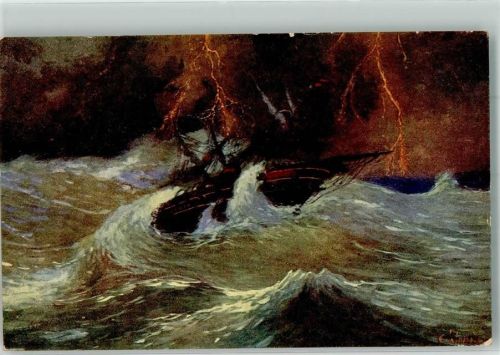 sign. Jansen Gewitter am Meer Segelschiff Salon International 2182 Naturereignis Künstlerkarte