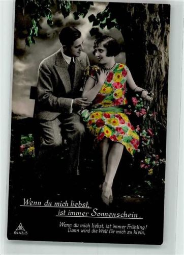 Photochemie Serie 6443/5 Art Deco Wenn du mich liebst ist immer Sonnenschein Liebespaar handkoloriert