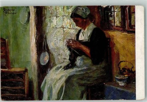 sign. Schrag, Julius Fleißige Hände Frau in der Stube bei der Handarbeit