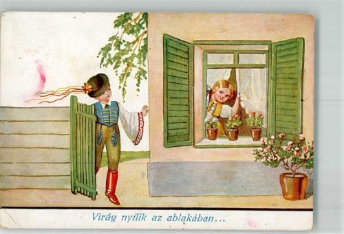 Junge in ungarischer Husarenuniform und ein Mädchen am Fenster Monostory György 559