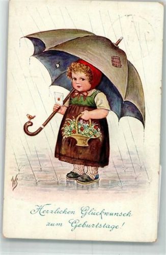 1912 Kind Regenschirm Brief Korb mit Blumen Geburtstag