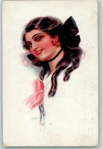 1918 Junge Frau mit lockigem schwarzen Haar Erkal Nr. 338/1 Künstlerkarte Feldpost WK I Berlin