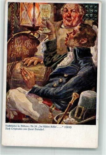 Volkslieder in Bildern Nr. 28 Im kühlen Keller... Wein Wohlfahrtskarte der Deutschen Kolonial-Kriegerspende Hugo Bermühler Verlag