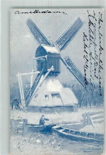 1906 Boote in winterlicher Landschaft vor einer Windmühle Verlag W. Haan Serie PB Künstlerkarte