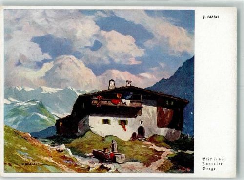 sign. Blädel Blick in die Inntaler Berge Einsames Bauerngehöft mit Viehbrunnen im Hochgebirge Verlag Fingerle & Co. Nr. 5444