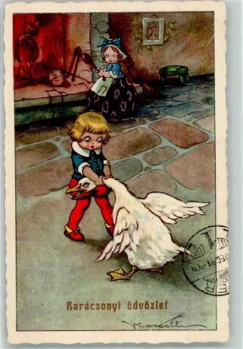 1928 Humor Kind und Gans offene Feuerstelle