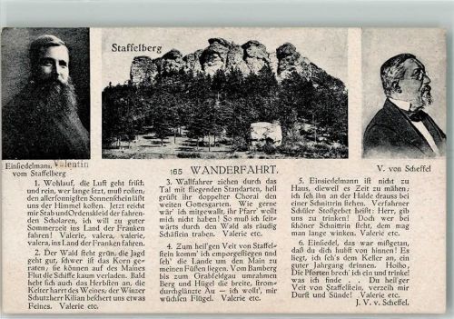 Staffelstein Der Staffelberg mit Portraits vom Einsiedler Valentin und dem Dichter Gedicht Hüttenstempel