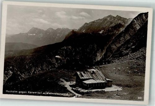 Hochalm 1928 Foto AK Hüttenstempel Karwendel Wettersteinwand