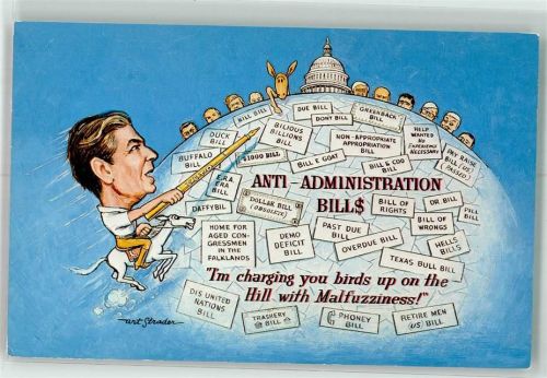 Karikatur Ronald Reagan Anti Administration Bills Hill with Malfuzziness si Strader