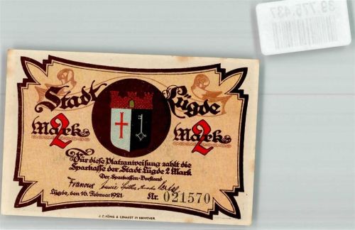 32676 W4927 Lügde 1921 Notgeldschein 2 Mark Nr. 021570 St. Kilianskirche