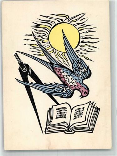 1951 Holzschnitt von Alfred Zacharias Schwalbe Zirkel Sonne Bayr. Schulwoche