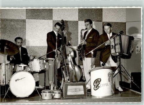 Rheinkamp Musikgruppe Saxophon Cello Akkordeon Ort handschriftlich Foto Original aus Archiv eines Ansichtskartenverlags