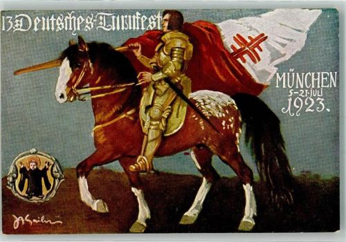 W8000 München Ritter Pferd Fahne Festpostkarte Turnfest 1923 Künstlerkarte