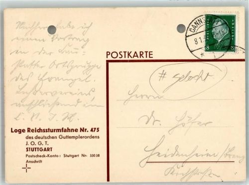 Stuttgart Deutscher Guttemplerorden J.O.G.T. Loge Reichssturmfahne Nr.475 gelocht