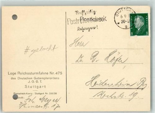 Stuttgart Deutscher Guttemplerorden J.O.G.T. Loge Reichssturmfahne Nr.475 gelocht
