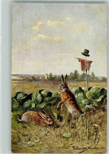 1924 Kohlfeld Vogelscheuche sign. Müller jun. München Serie 844 Hase + Federwild