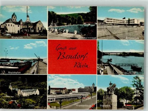 Bendorf Kriegerdenkmal im Stadtpark Schwimmbad Krankenhaus Gymnasium Abtei Kirchplatz Rheinufer und Hafen