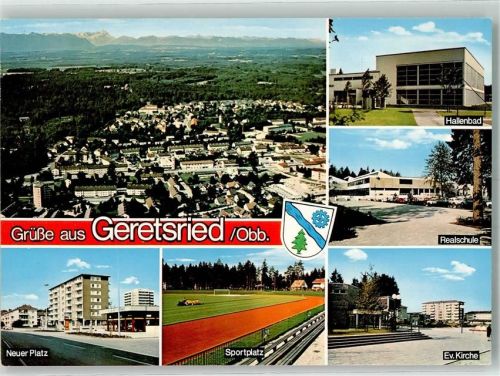 Geretsried Fliegeraufnahme Neuer Platz Stadion Ev. Kirche Schwimmbad Realschule