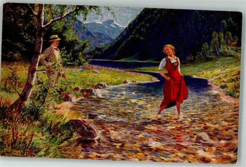 sign. Dahl Entwischt Junge Frau in Tracht flüchtet vor Mann in Bach Nr. 1133