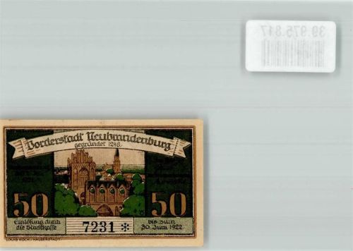 Neubrandenburg 1922 Einlösung Stadtkasse 50 Pfennig Treptower Tor