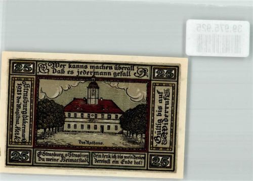Strasburg 1921 Gutschein über fünfundzwanzig Pfennig Rathaus Stadtwappen